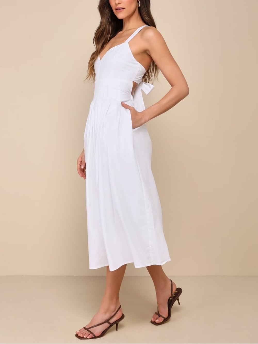 Lulus Strolling Sicily White Pleated Backless Midi Dress With Pockets Size S NWT